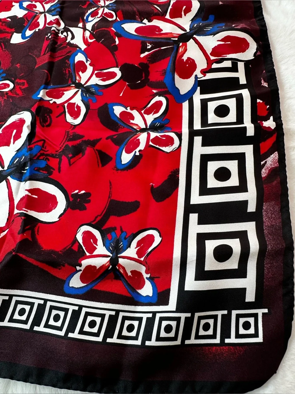Versace Red Floral Silk-Blend Scarf with Blue & White Accents